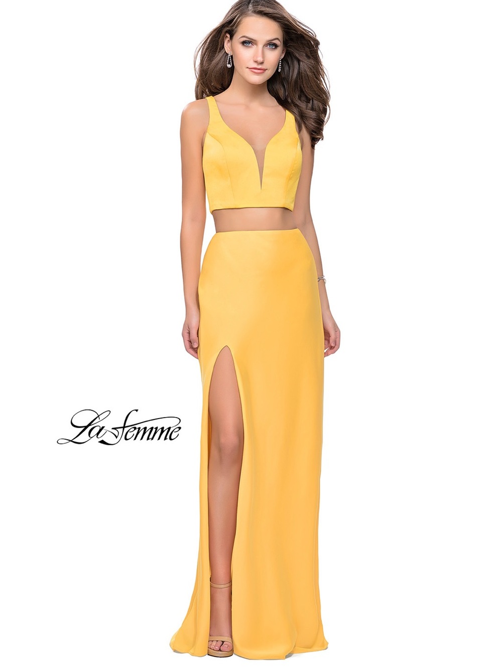 NWT La Femme Yellow 2-pc Satin Vneck Maxi Prom Dress Sz 0 Strappy Back Formal